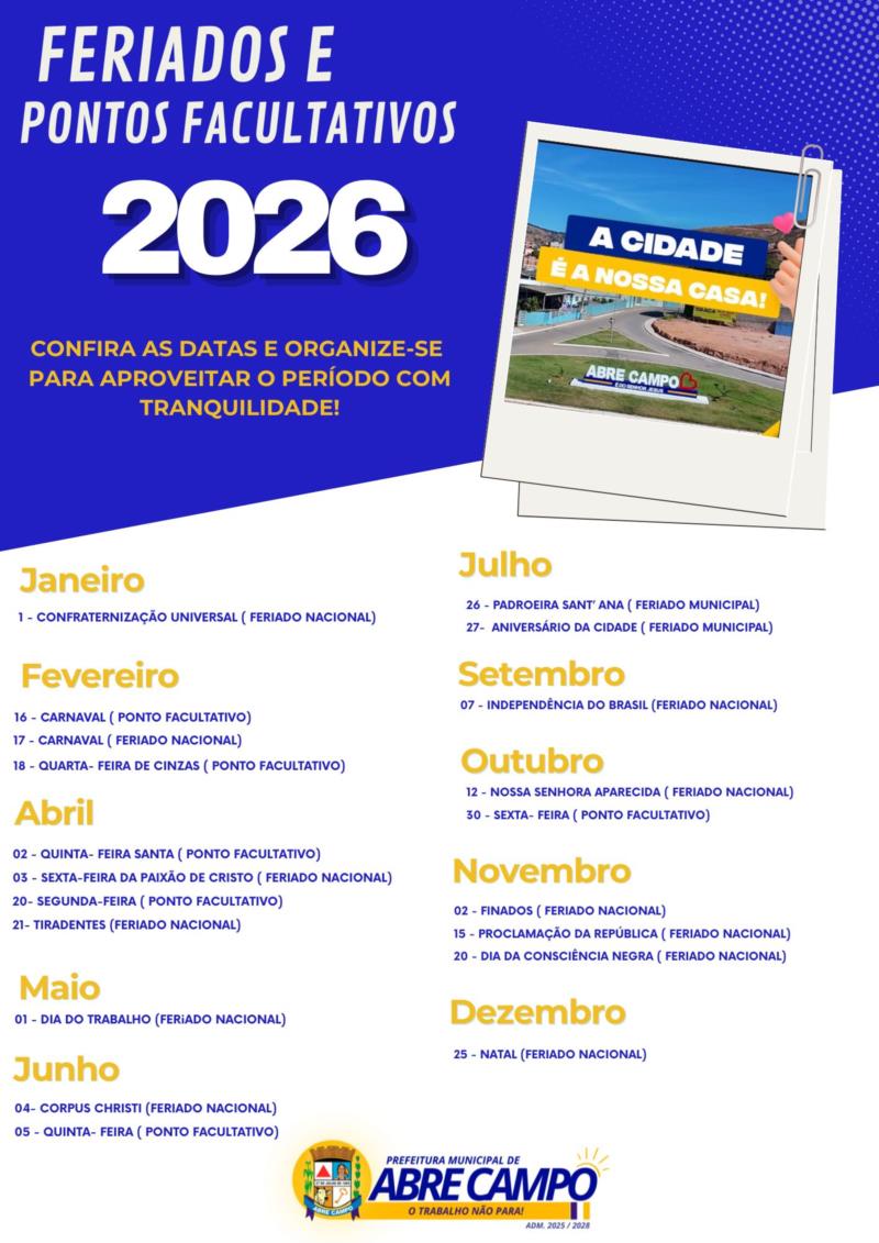 CALENDÁRIO MUNICIPAL FERIADOS E PONTOS FACULTATIVOS